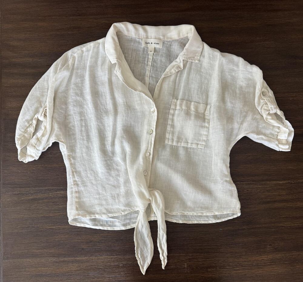 Cloth & Stone 100% Linen Shirt Womens Small Cream Tie Front Cropped Roll Tab Top